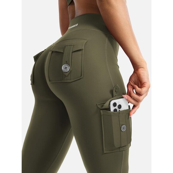 Women's Army Green High Waisted Workout Flare Leggings 32 inch Seam with Pockets - Picture 2 of 6
